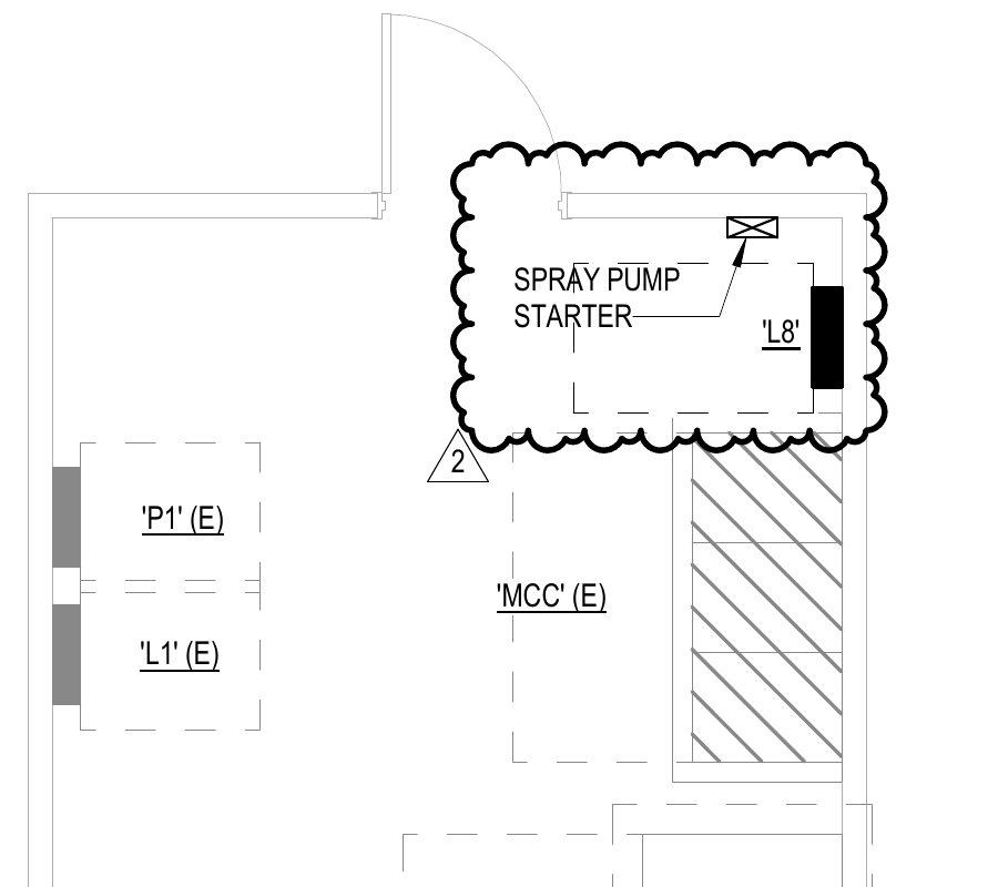 Addendum 2 E2.1 detail with a spray-pump starter symbol and label beside panel L8 inside a source revision cloud.